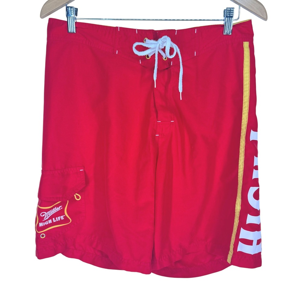 Vintage Miller High Life Mens Board Shorts Red Swim‎ Trunks Cargo Pocket Size 35